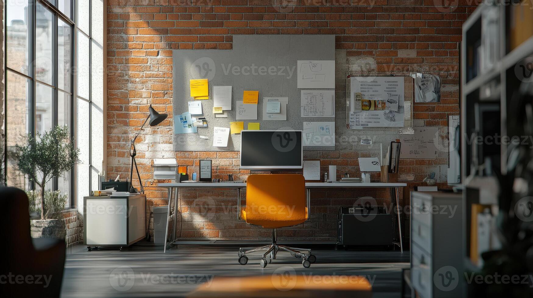 Urban workspace interior with natural light and warm tones. photo