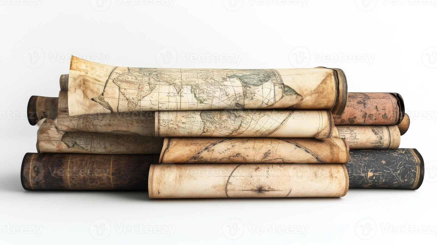 Stack of antique rolled maps on a plain background. photo