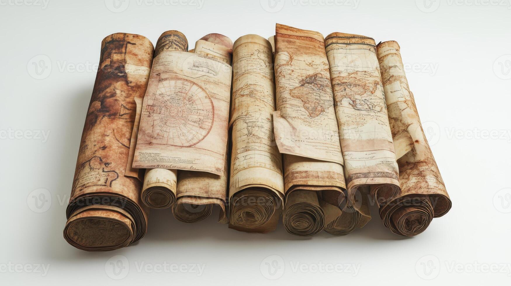 Rolled-up, aged maps arranged on a light background. photo