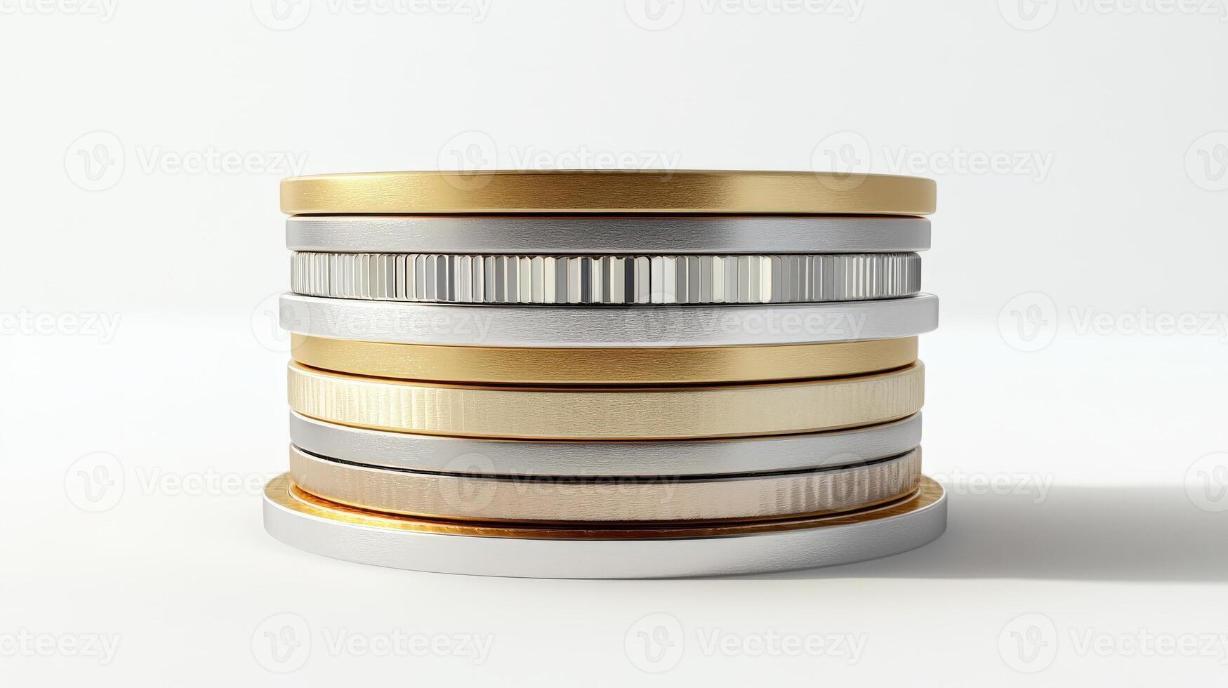 Stacked metallic discs arranged in a symmetrical form. photo