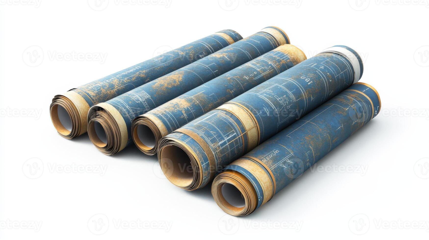 Rolled blueprints arranged in a group against a white background. photo