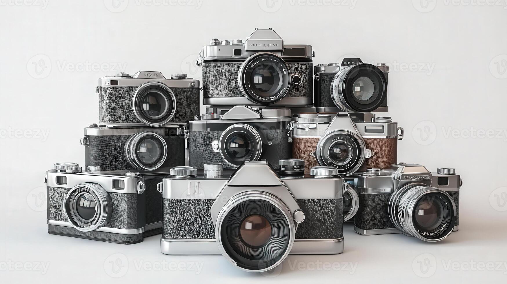 Vintage cameras stacked in a still life display. photo