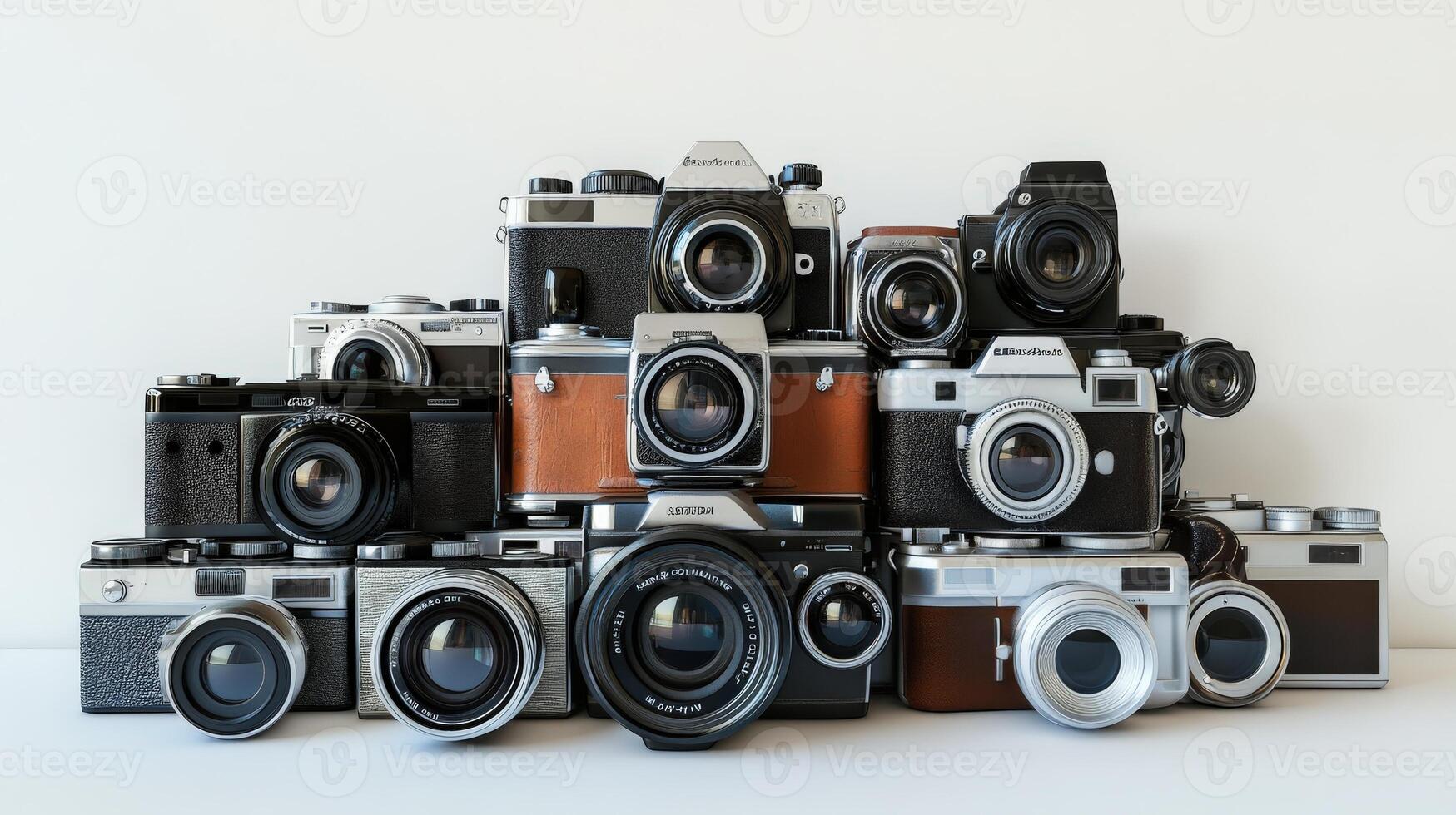 Collection of vintage cameras displayed in a stack. photo