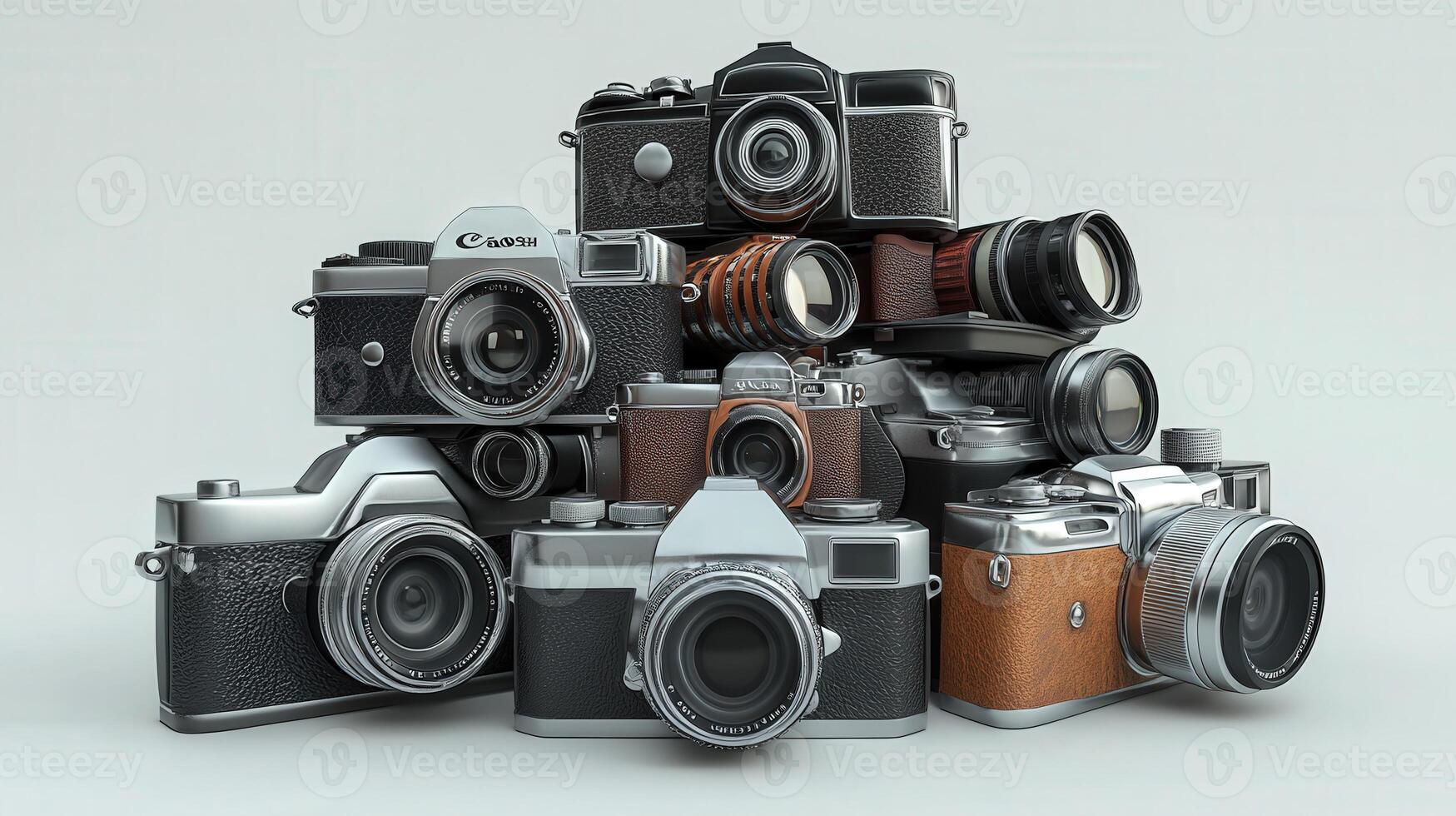 A collection of vintage photographic equipment on a plain background. photo