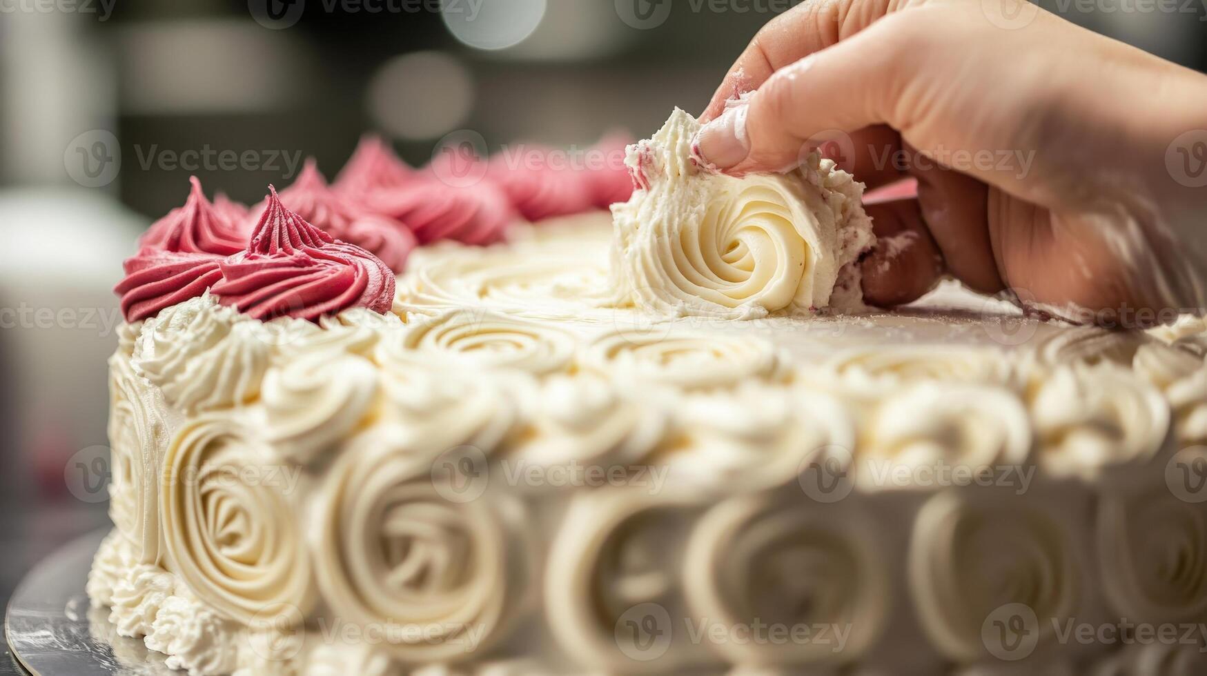 A hand delicately decorating a cake with swirls of frosting. photo
