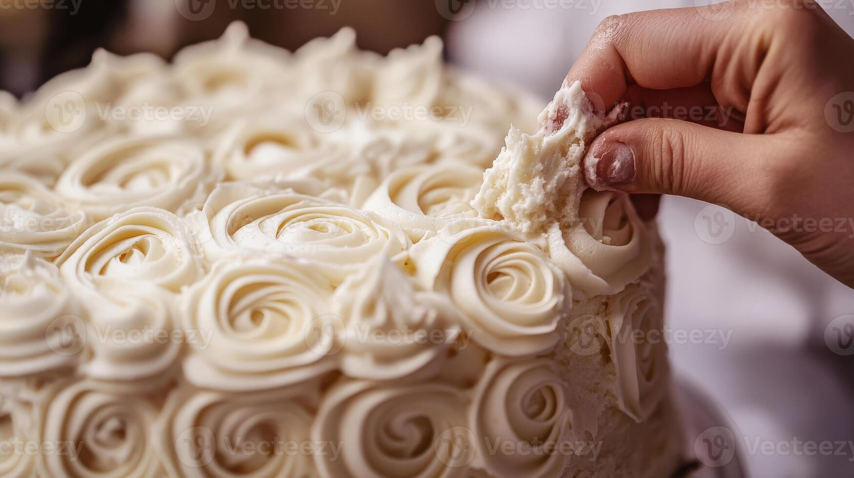 Close-up view of a decorated cake being iced. photo