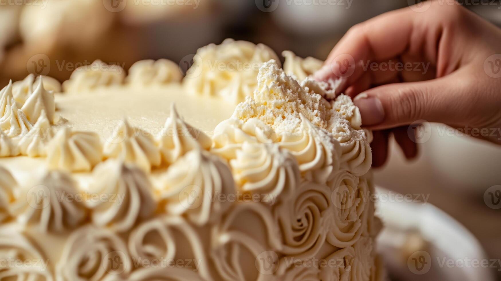 Detailed view of a cake decorated with buttercream roses. photo
