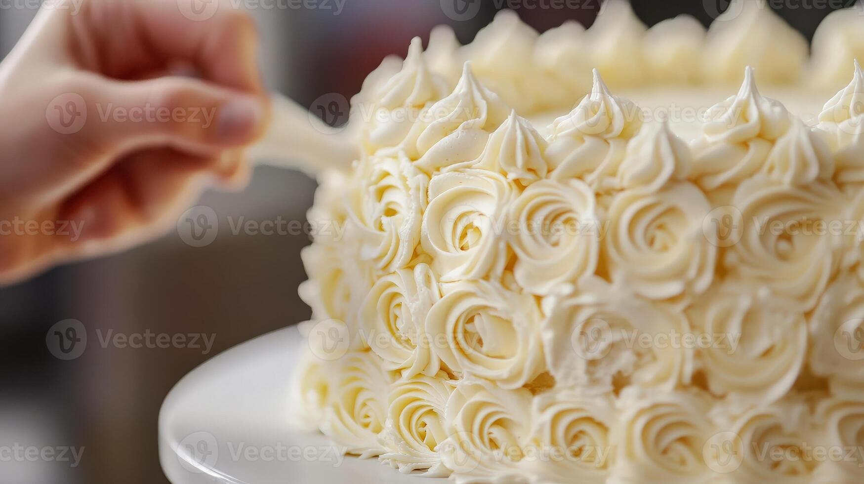 Close-up view of a hand decorating a frosted cake with buttercream roses. photo