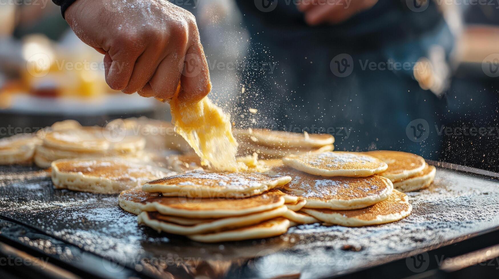 Closeup view of freshly cooked pancakes being served. photo