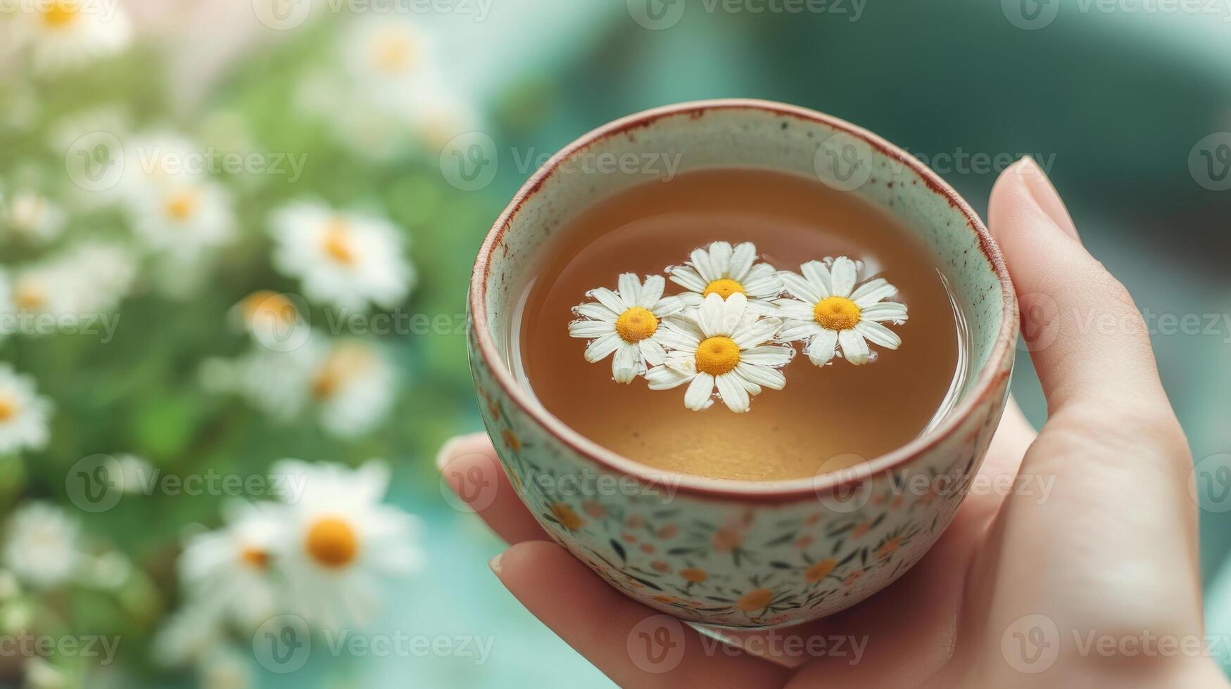 Delicate cup of chamomile tea, surrounded by wildflowers. photo