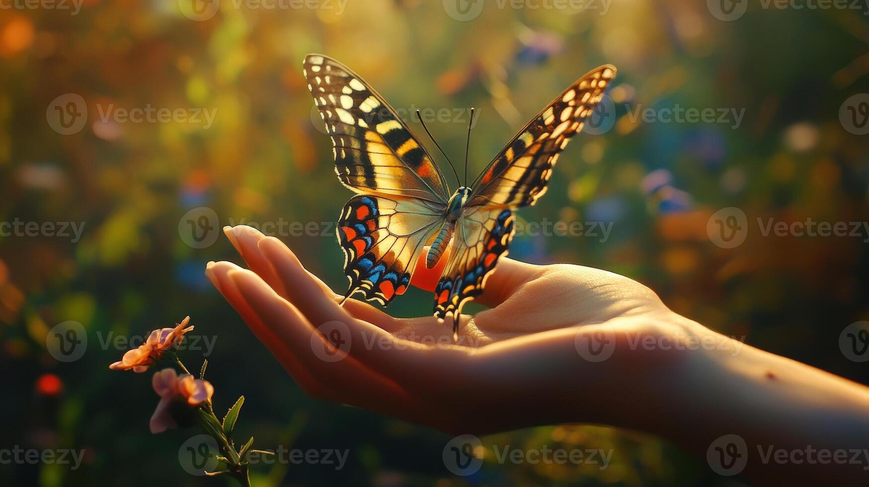 A beautiful butterfly rests gently on a hand in a sunlit garden. photo