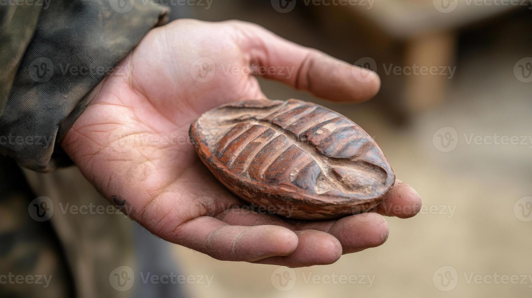 Close-up view of a hand holding a fossil imprint. photo