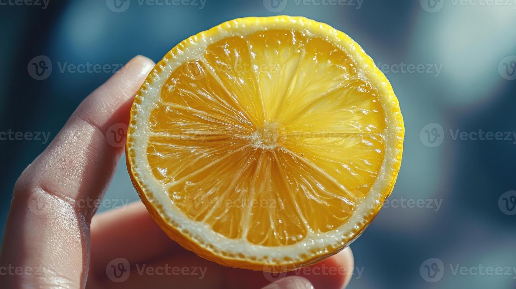Close-up view of a sliced lemon held in a hand. photo