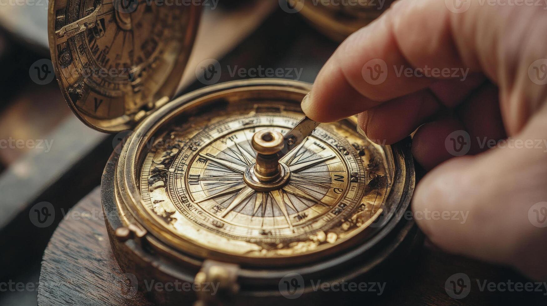 Antique compass being adjusted by a hand. photo