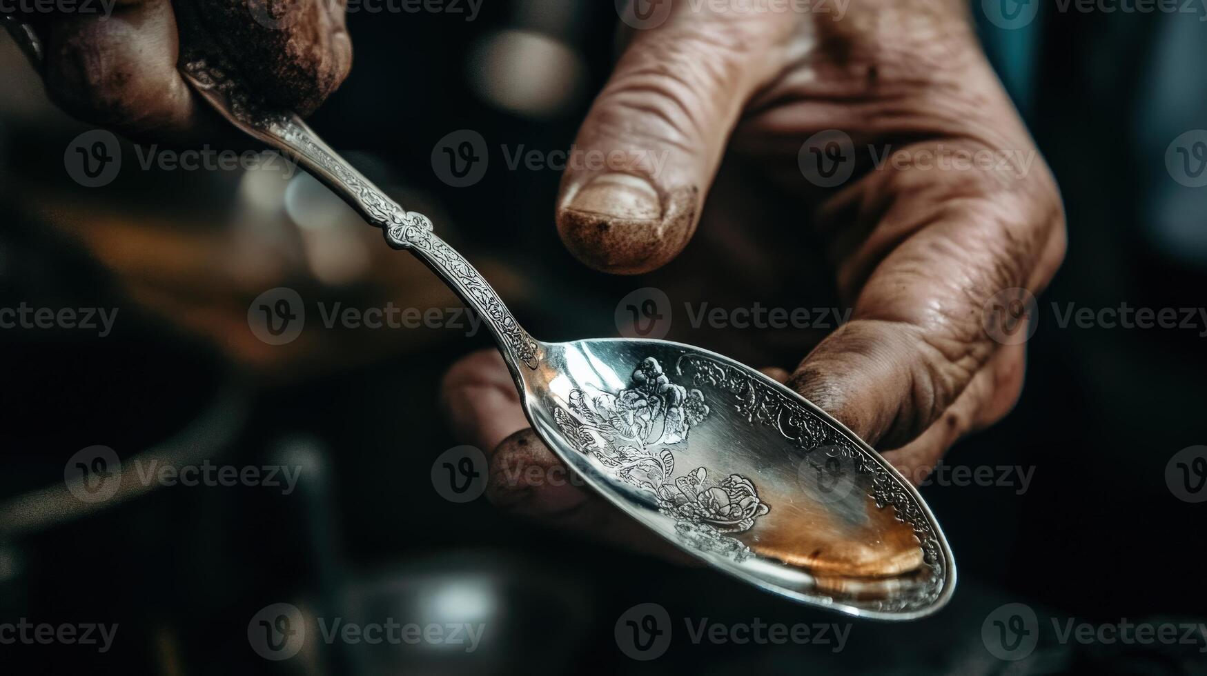 Close-up view of a tarnished antique spoon held in aged hands. photo