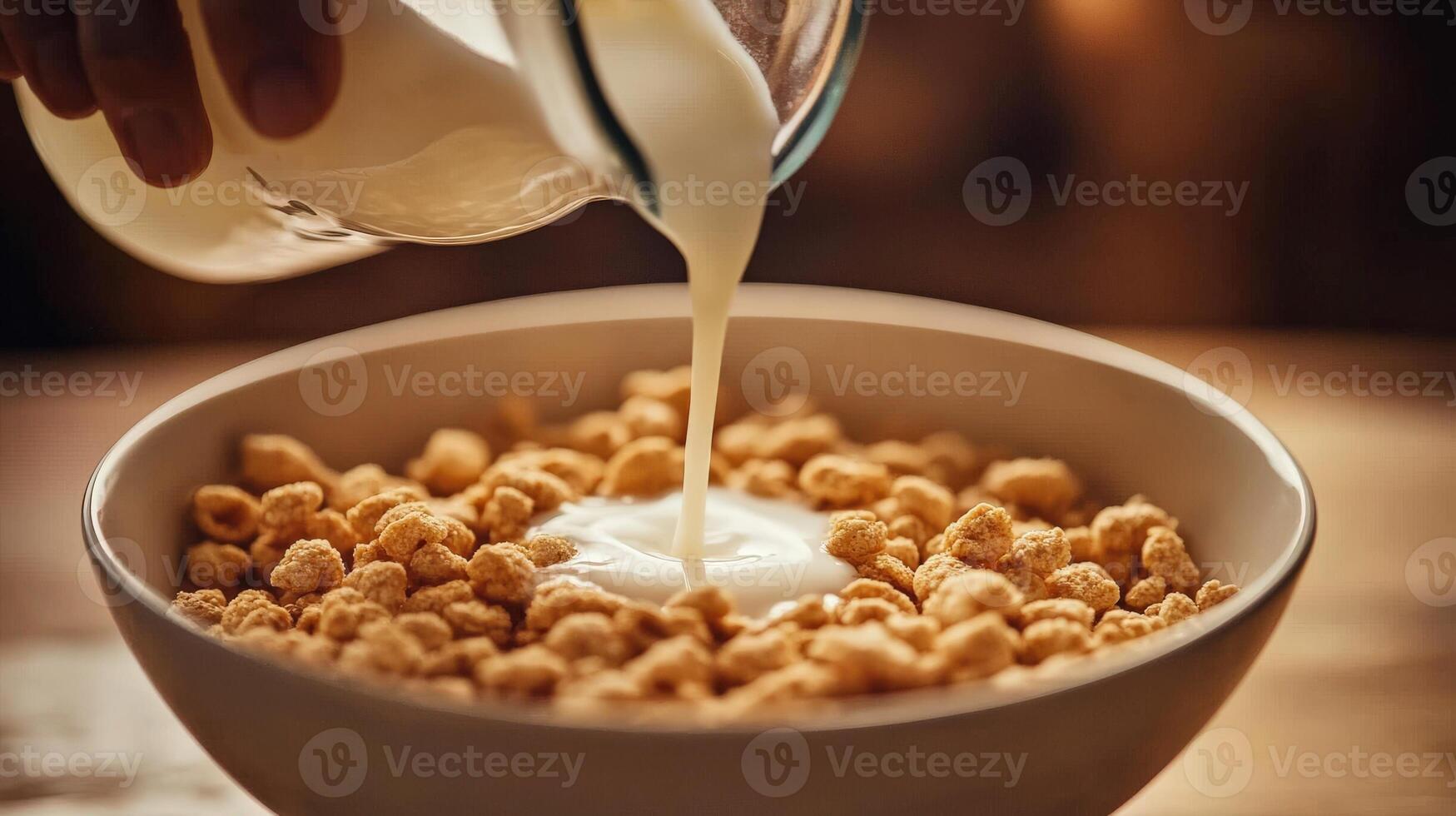 Creamy milk poured over breakfast cereal. photo