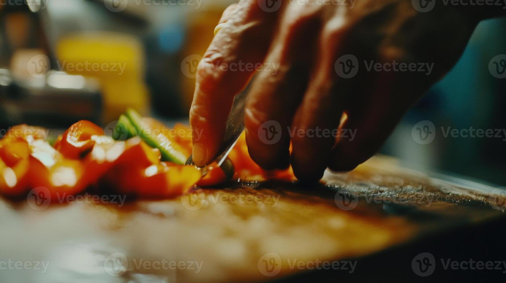 Close-up view of hands chopping colorful vegetables on a wooden board. photo