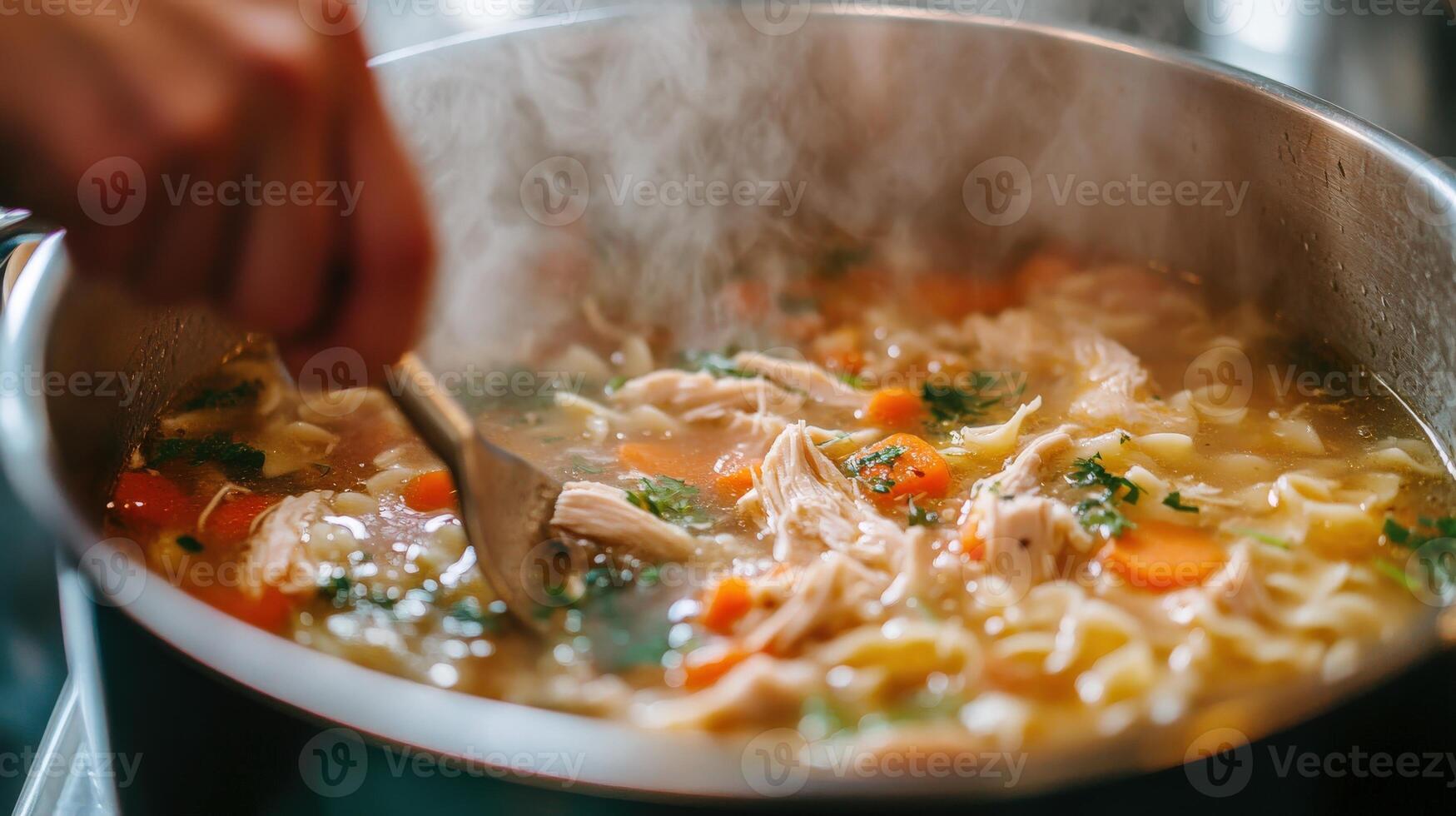 A bubbling pot of hot, comforting chicken noodle soup. photo