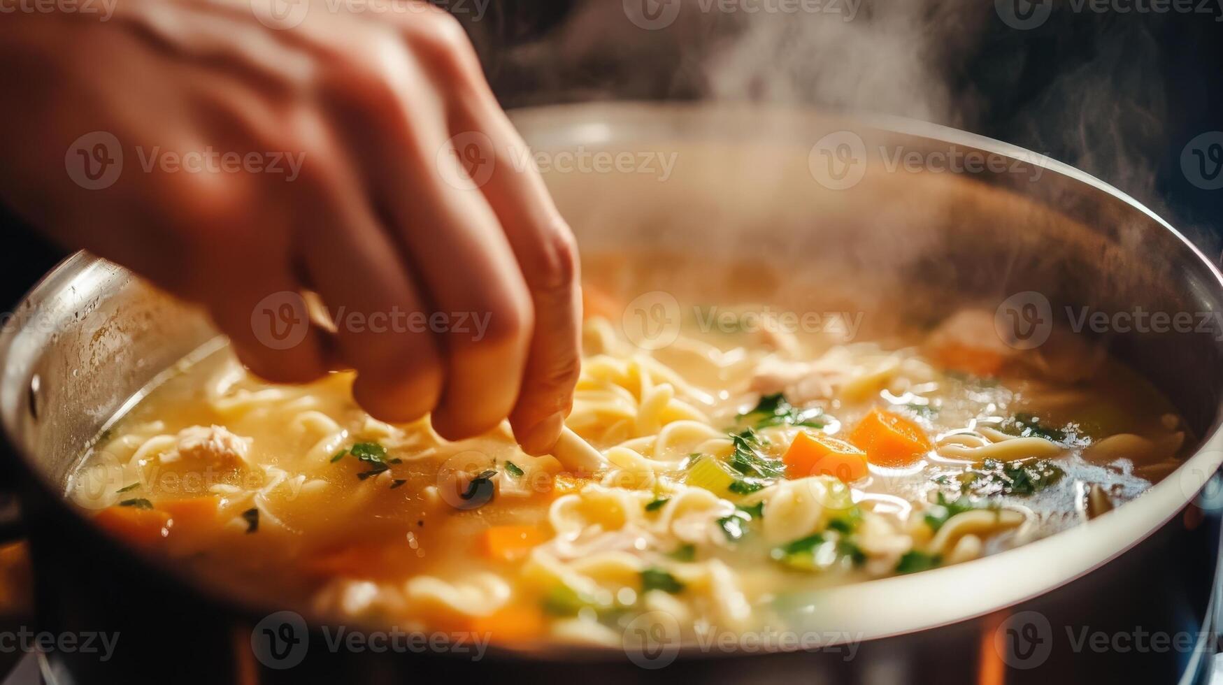 Close-up of hands stirring hot chicken noodle soup. photo