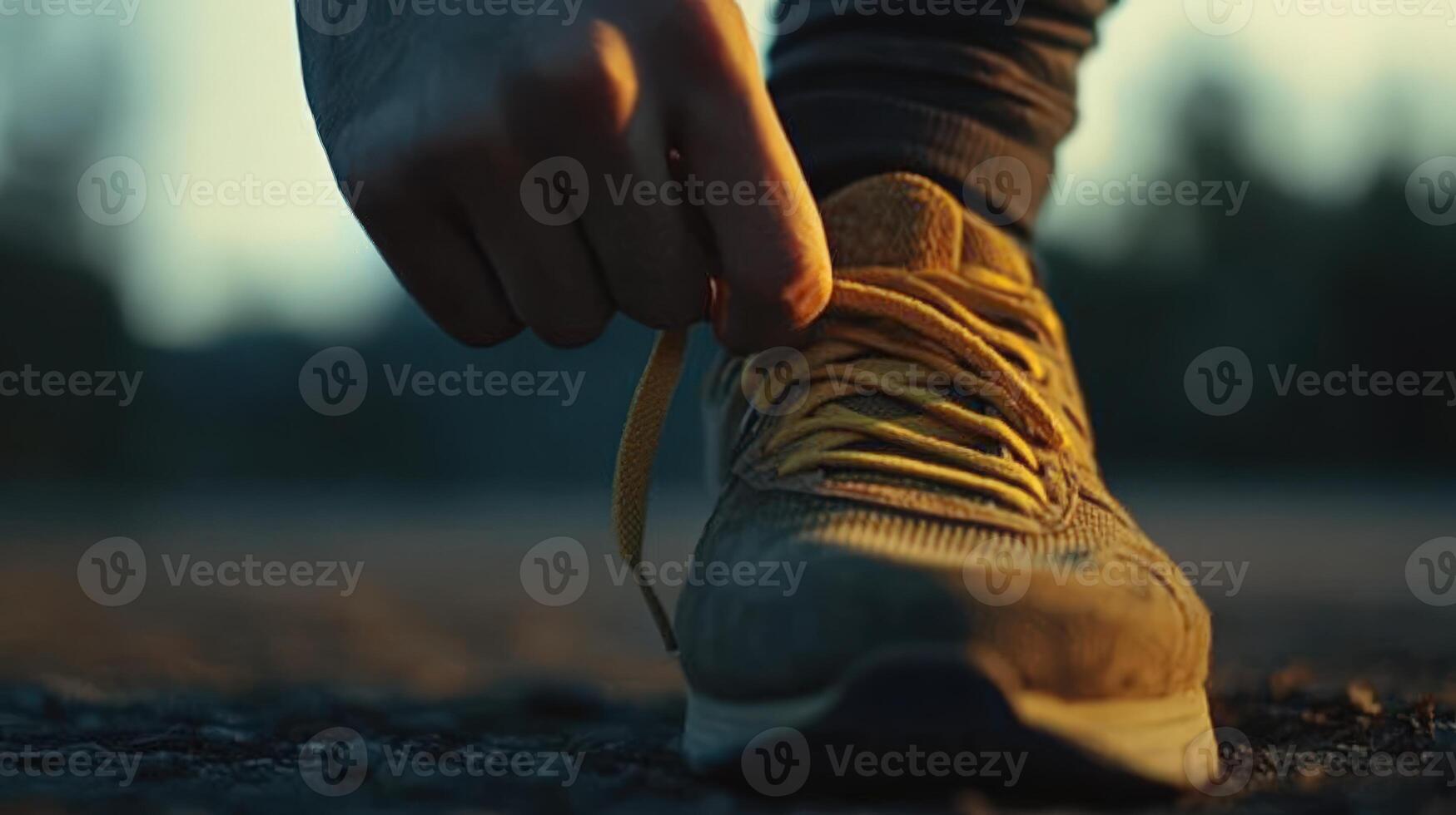 Close-up of person tying running shoes laces. photo