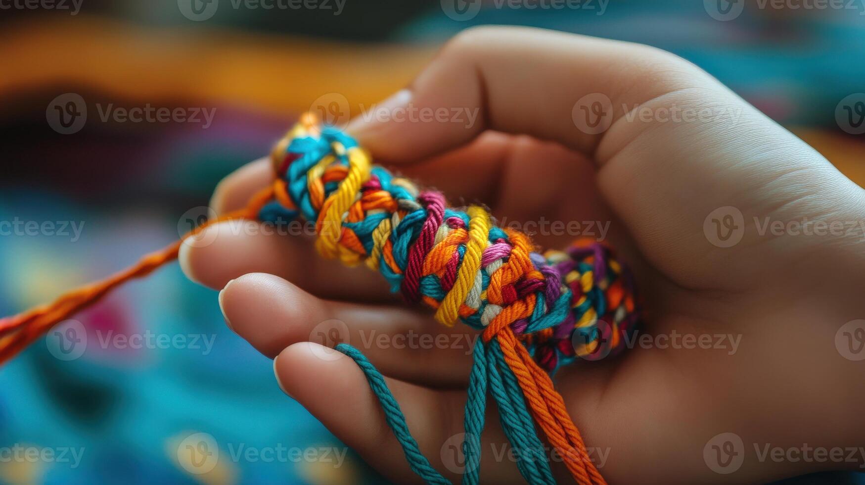 Close-up view of colorful threads held by a hand. photo