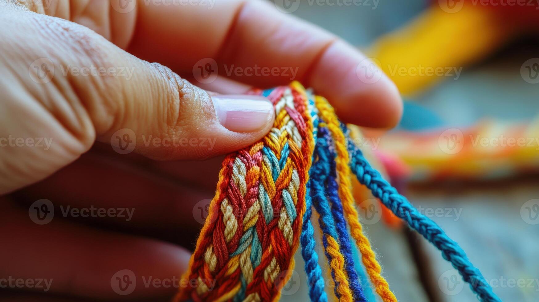 Close-up view of a colorful woven cord held by a hand. photo