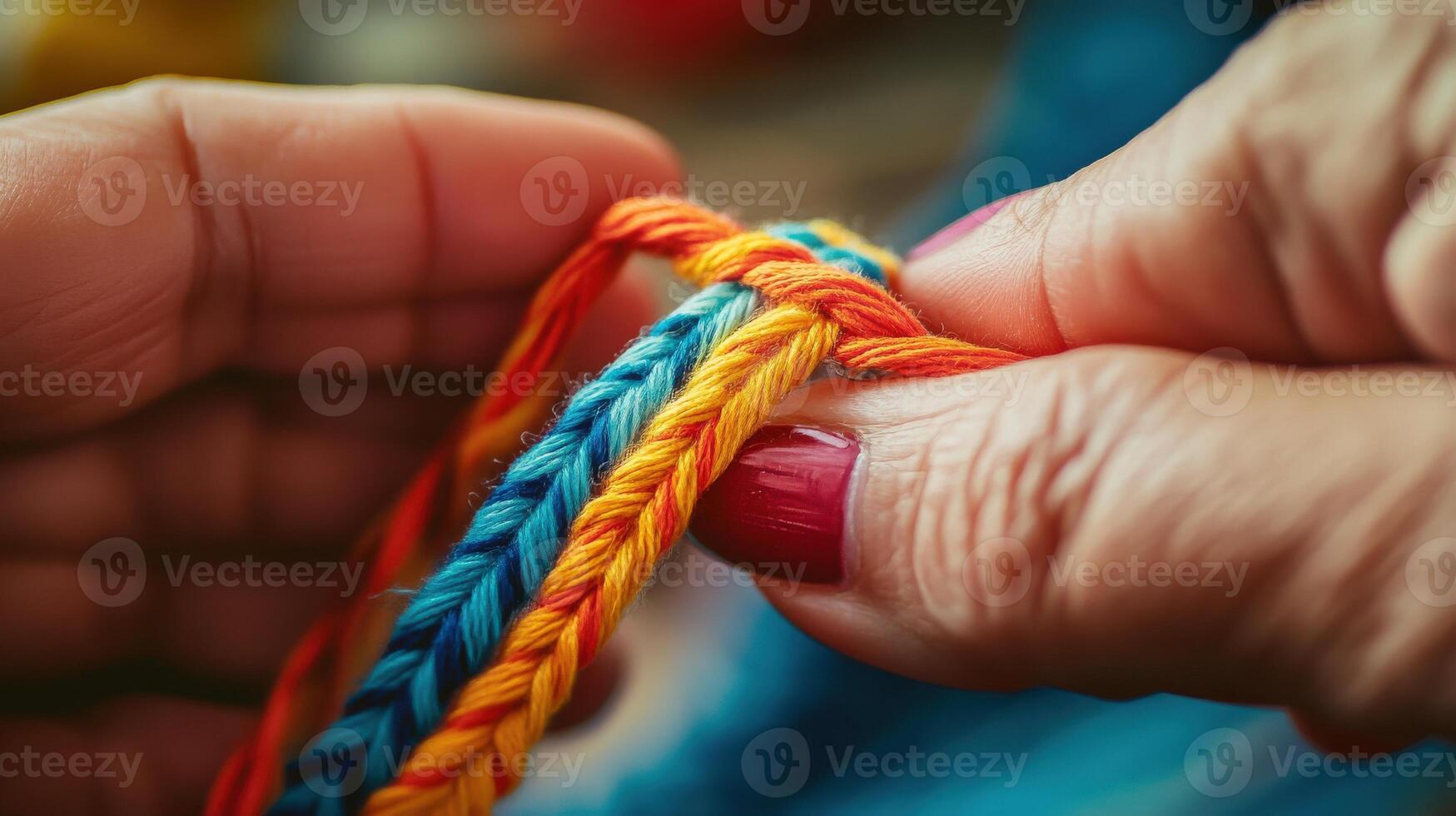 Close-up view of hands braiding colorful threads. photo
