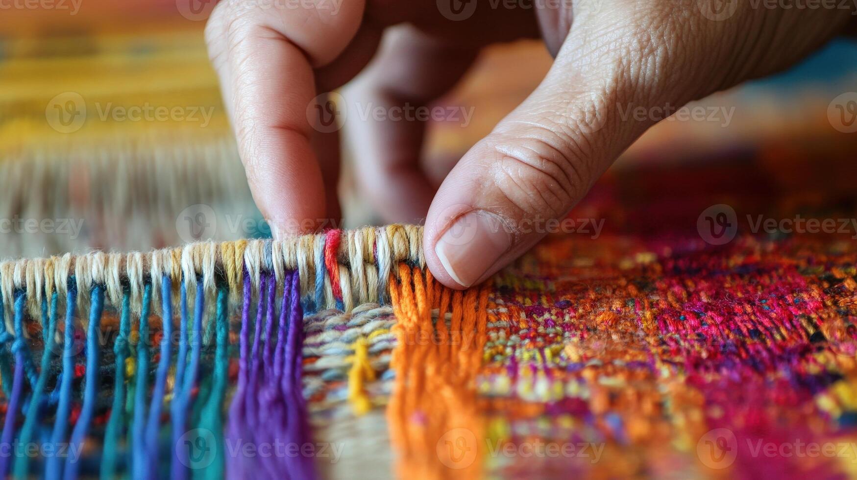 Close-up view of hands working on vibrant colorful textile. photo