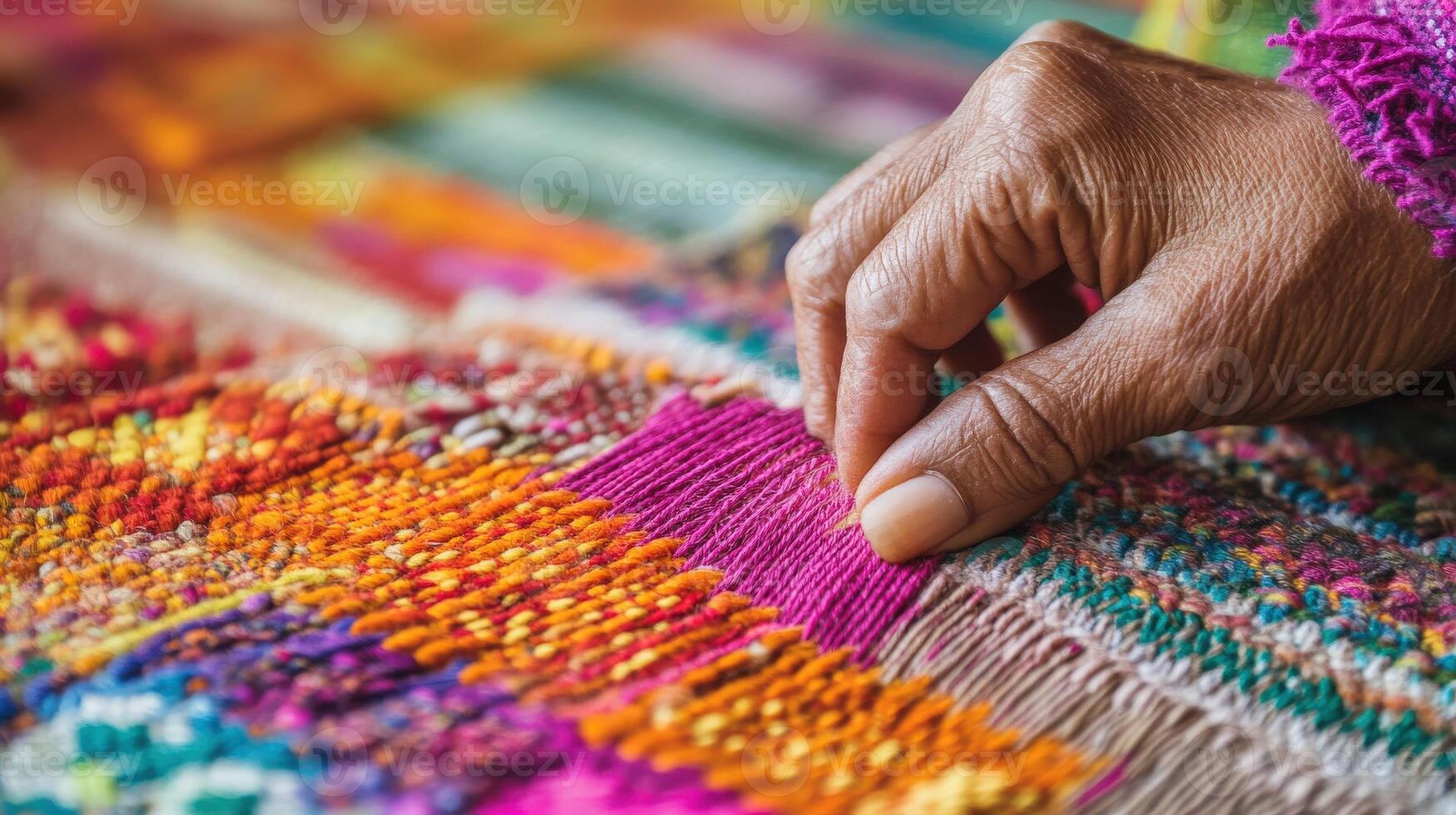 Close-up of hands working on a vibrant textile craft. photo