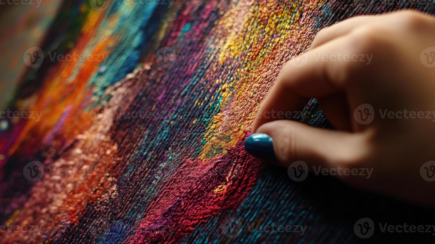 Close-up view of a hand touching vibrant abstract artwork. photo