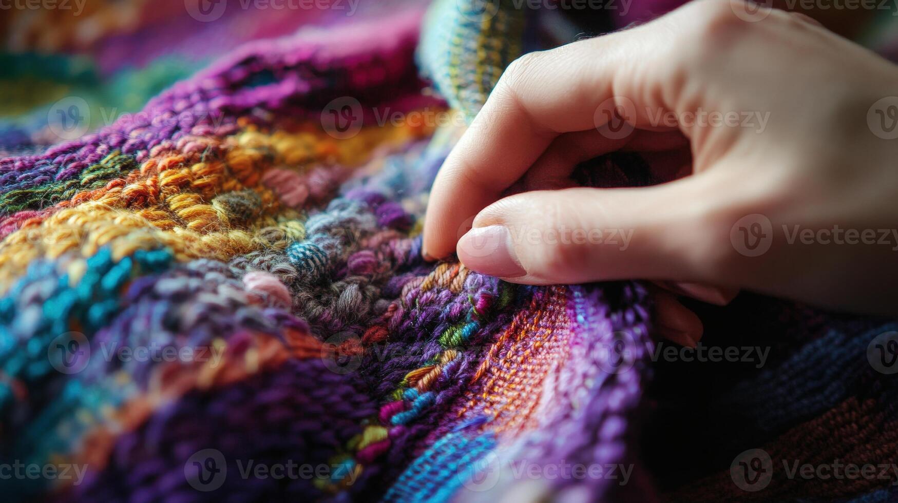 Colorful patchwork textile being meticulously examined by a hand. photo