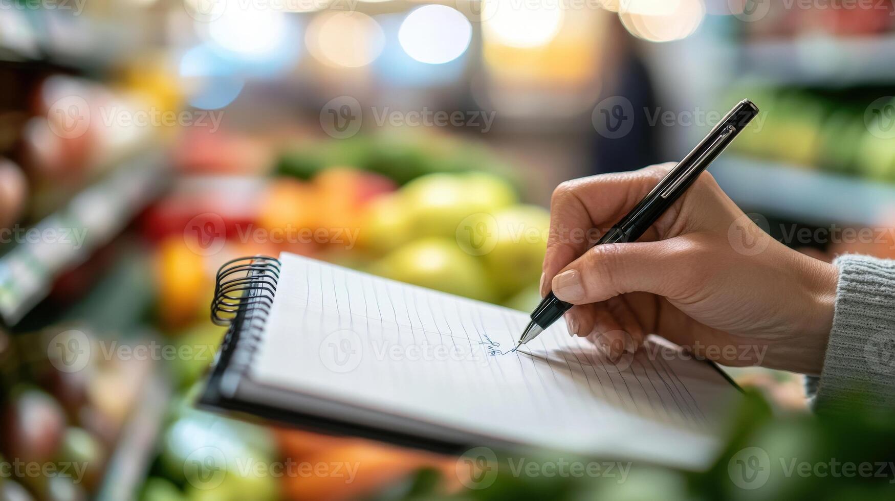 Person taking notes in a grocery store. photo