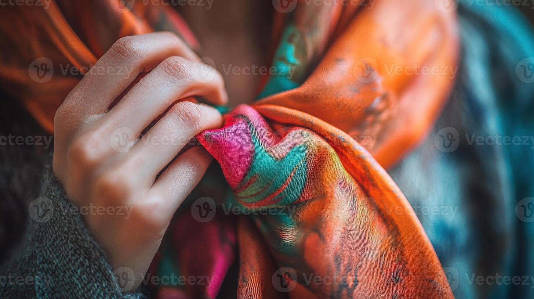 Close-up view of hands adjusting a patterned silk scarf. photo