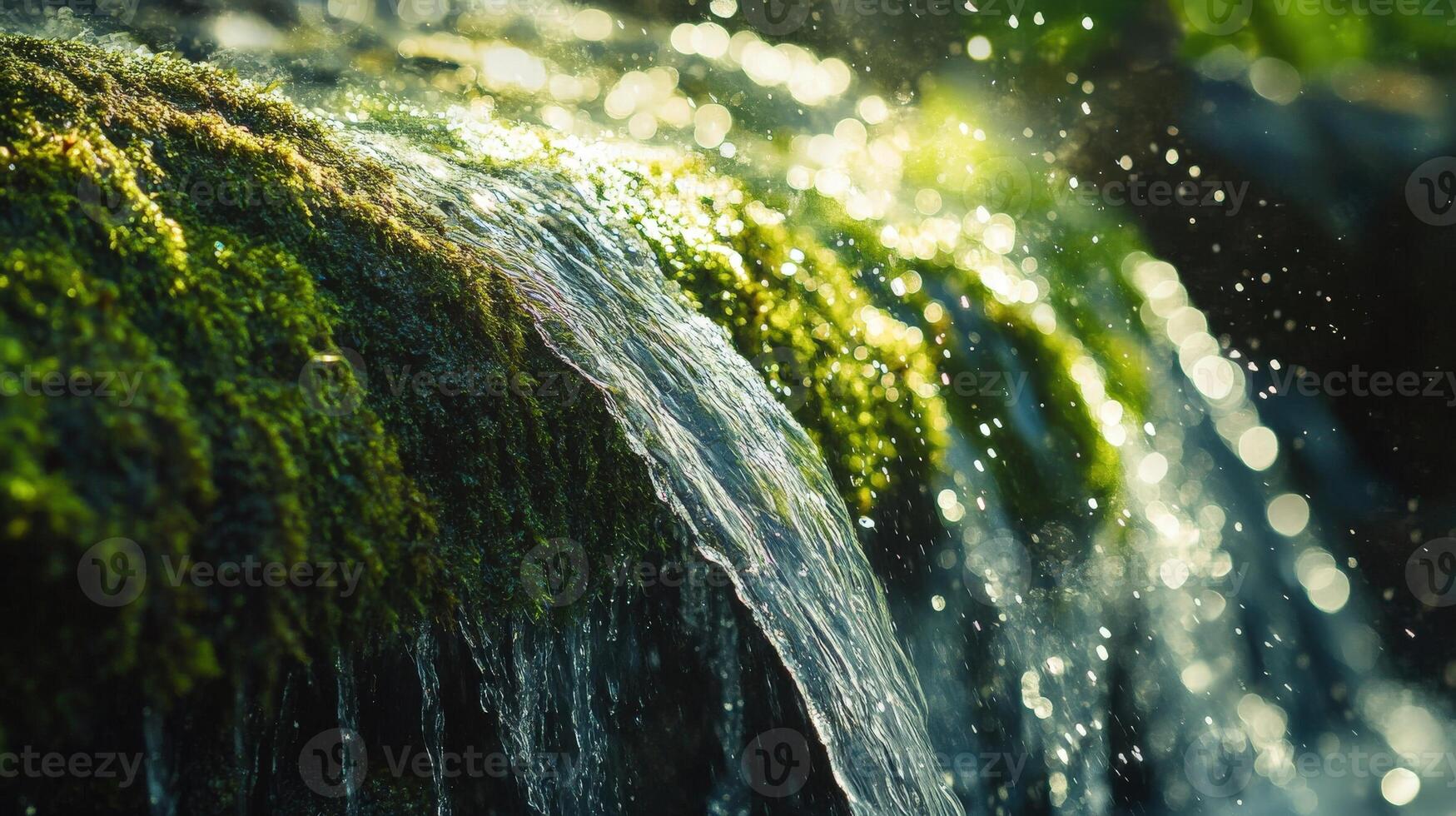 Close-up view of cascading water over mossy rocks. photo