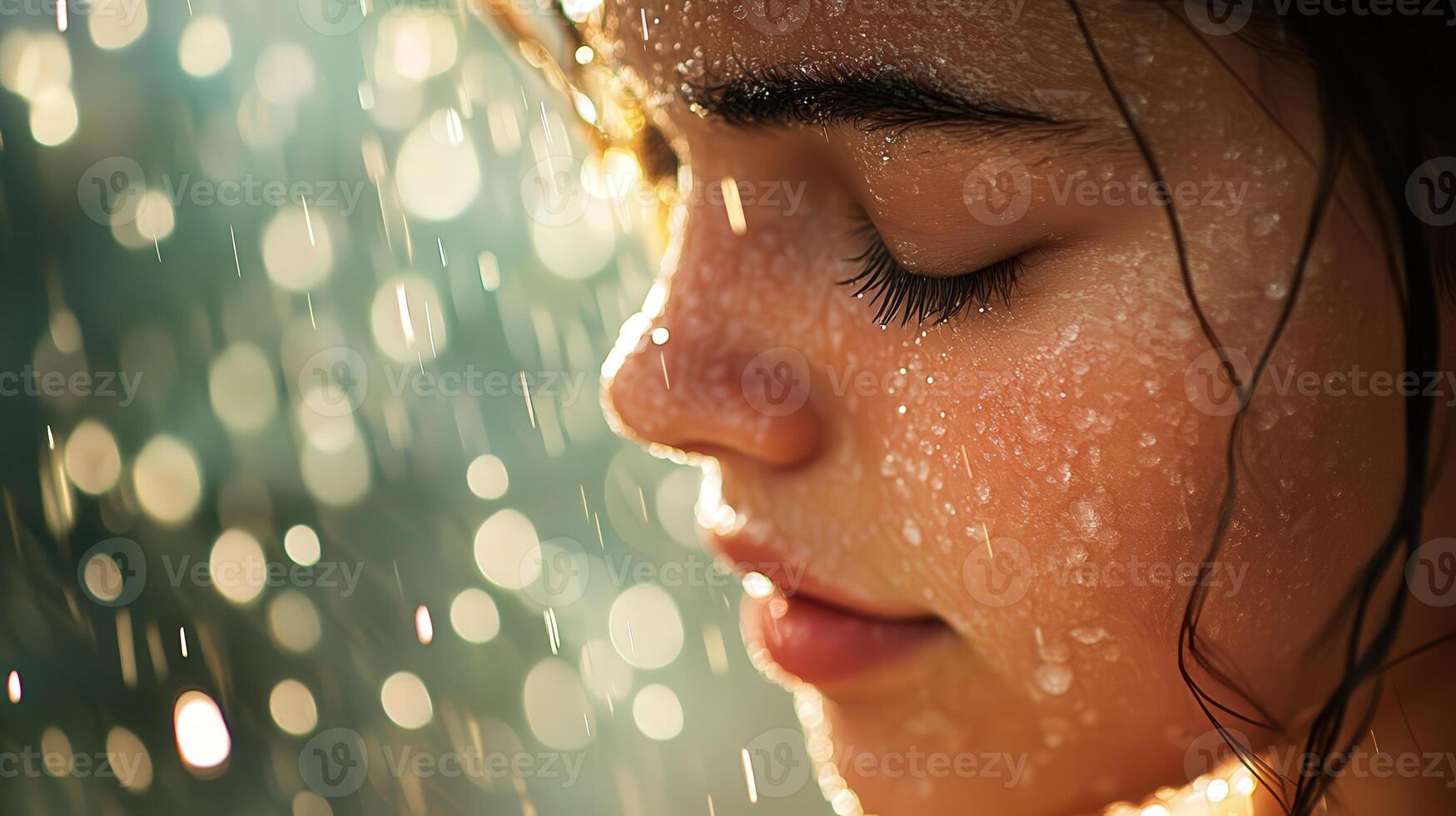 Close-up profile view of a woman's face wet with raindrops. photo