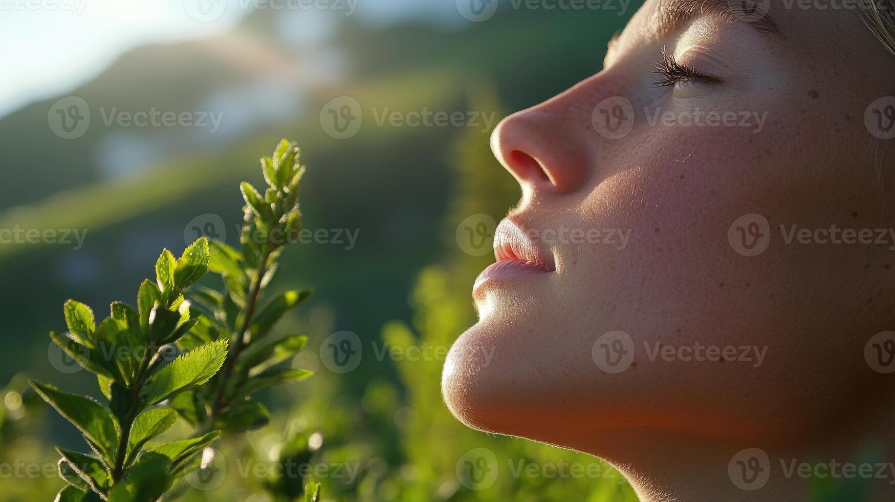 Close-up profile view of a person breathing deeply outdoors. photo