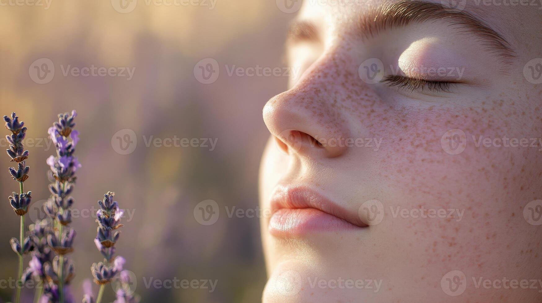 Close-up of a young person's serene face bathed in soft sunlight, next to lavender. photo