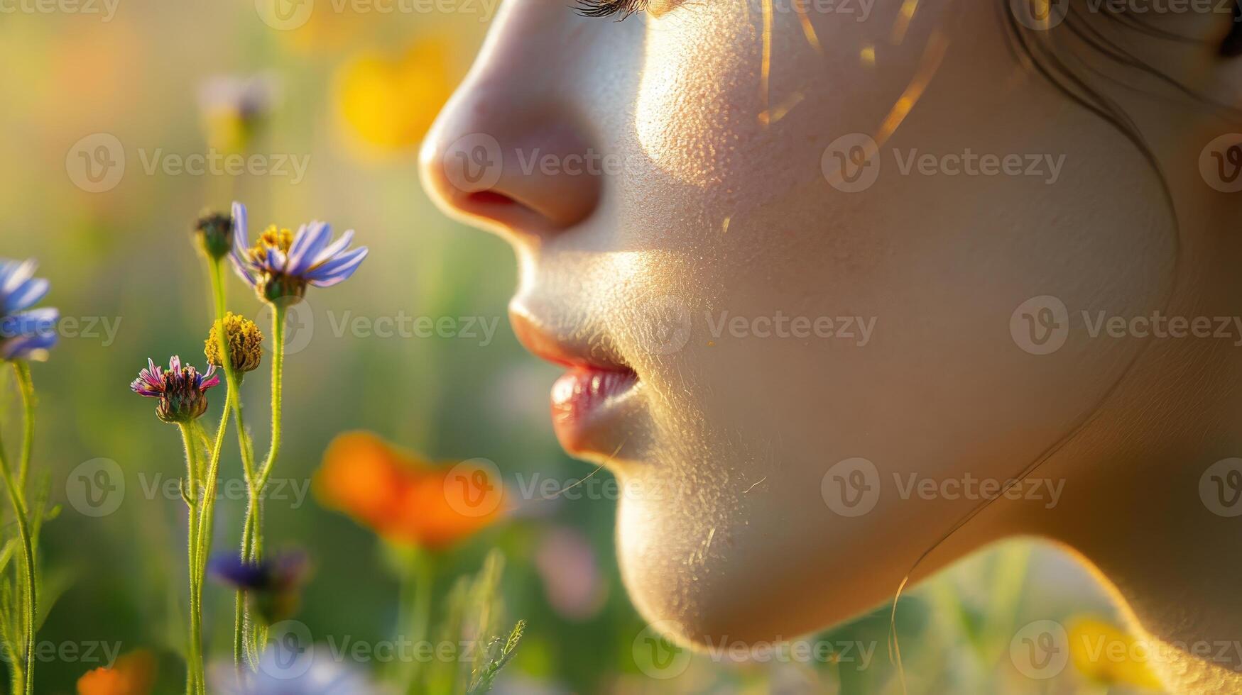 Close-up profile view of a young person surrounded by wildflowers. photo