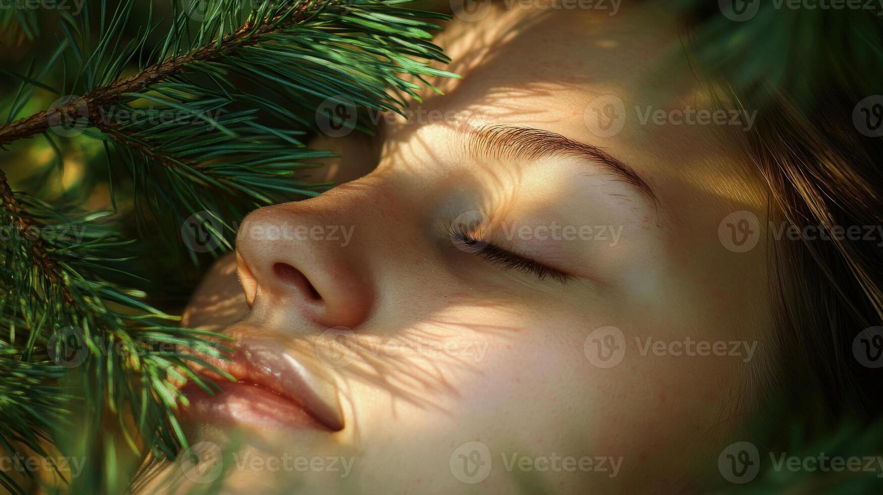 Peaceful young woman's face hidden by pine boughs. photo