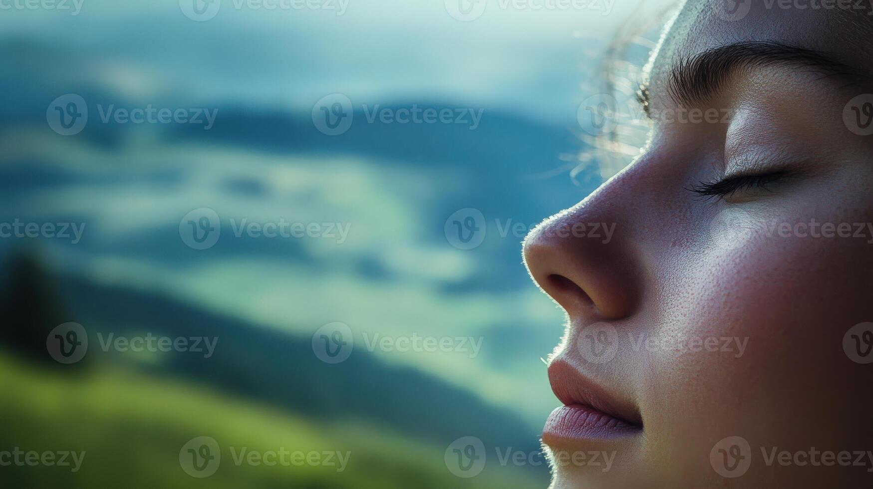 Close-up portrait of a peaceful young woman in nature. photo