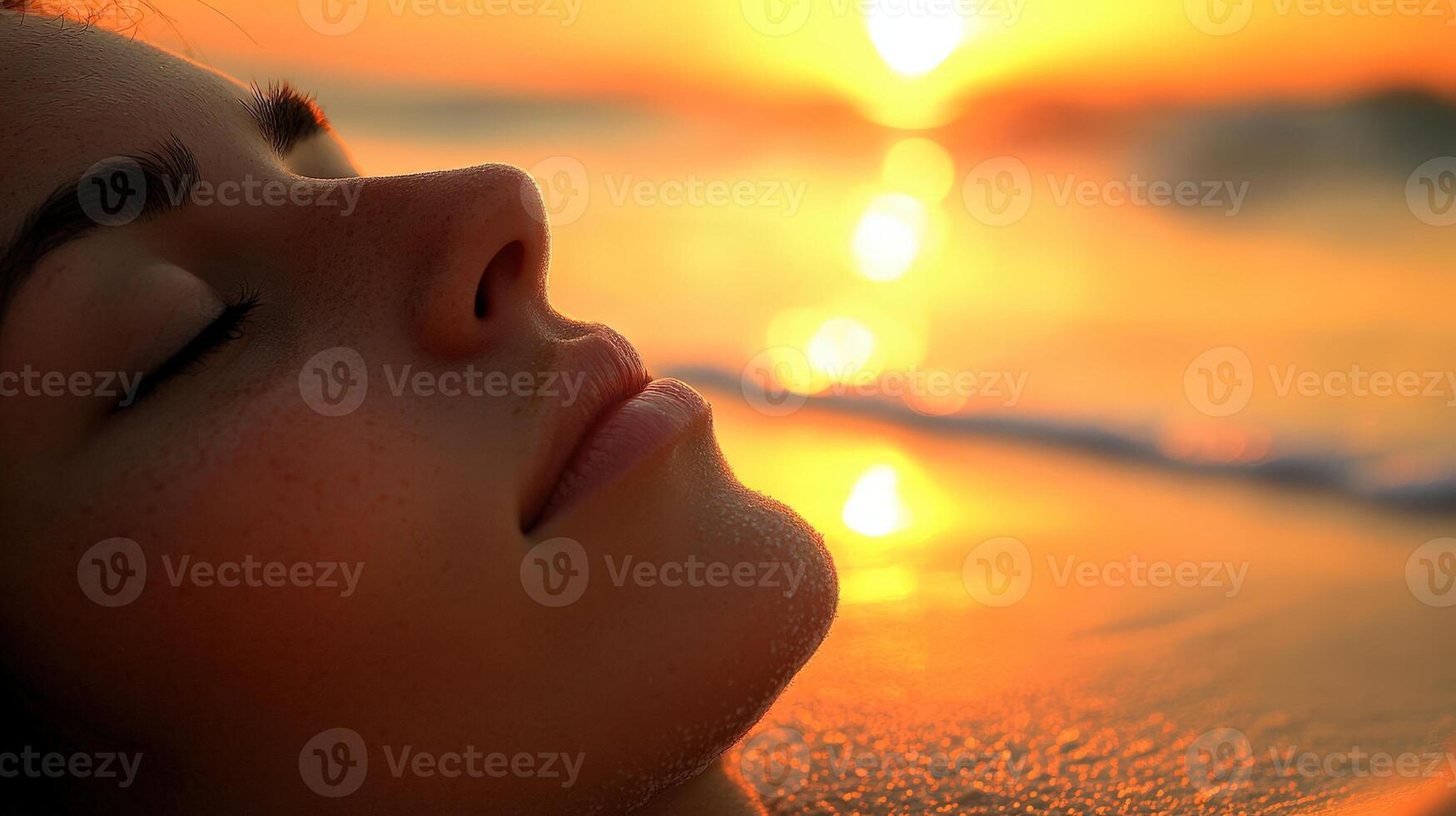 Close-up view of a peaceful woman resting by the golden sunset beach. photo