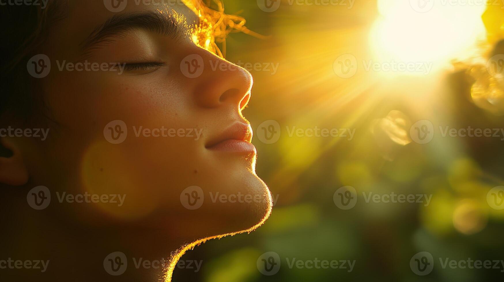 Close-up profile view of a person, bathed in golden sunlight. photo