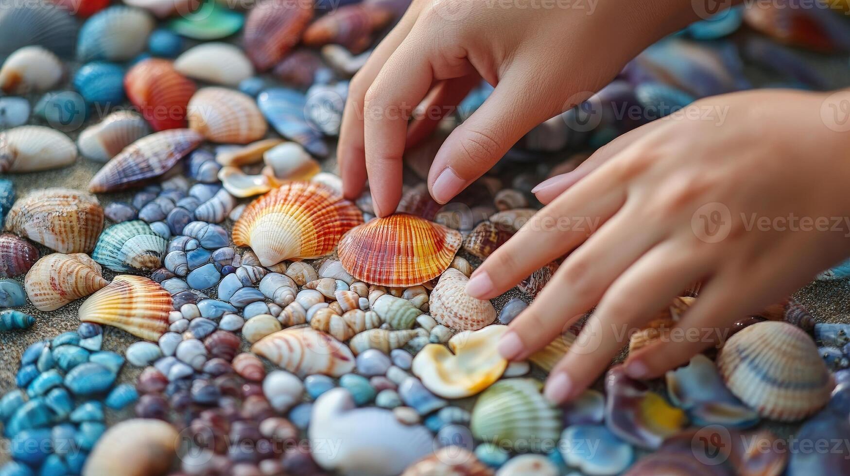 Hands arranging colorful seashells and pebbles. photo