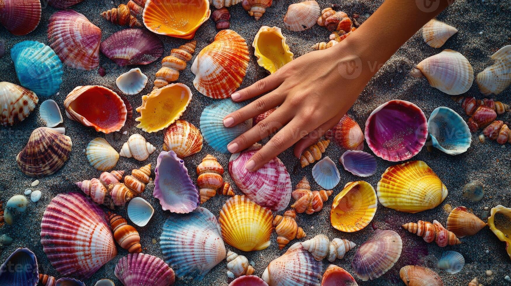 Colorful seashells on sand touched by a hand. photo