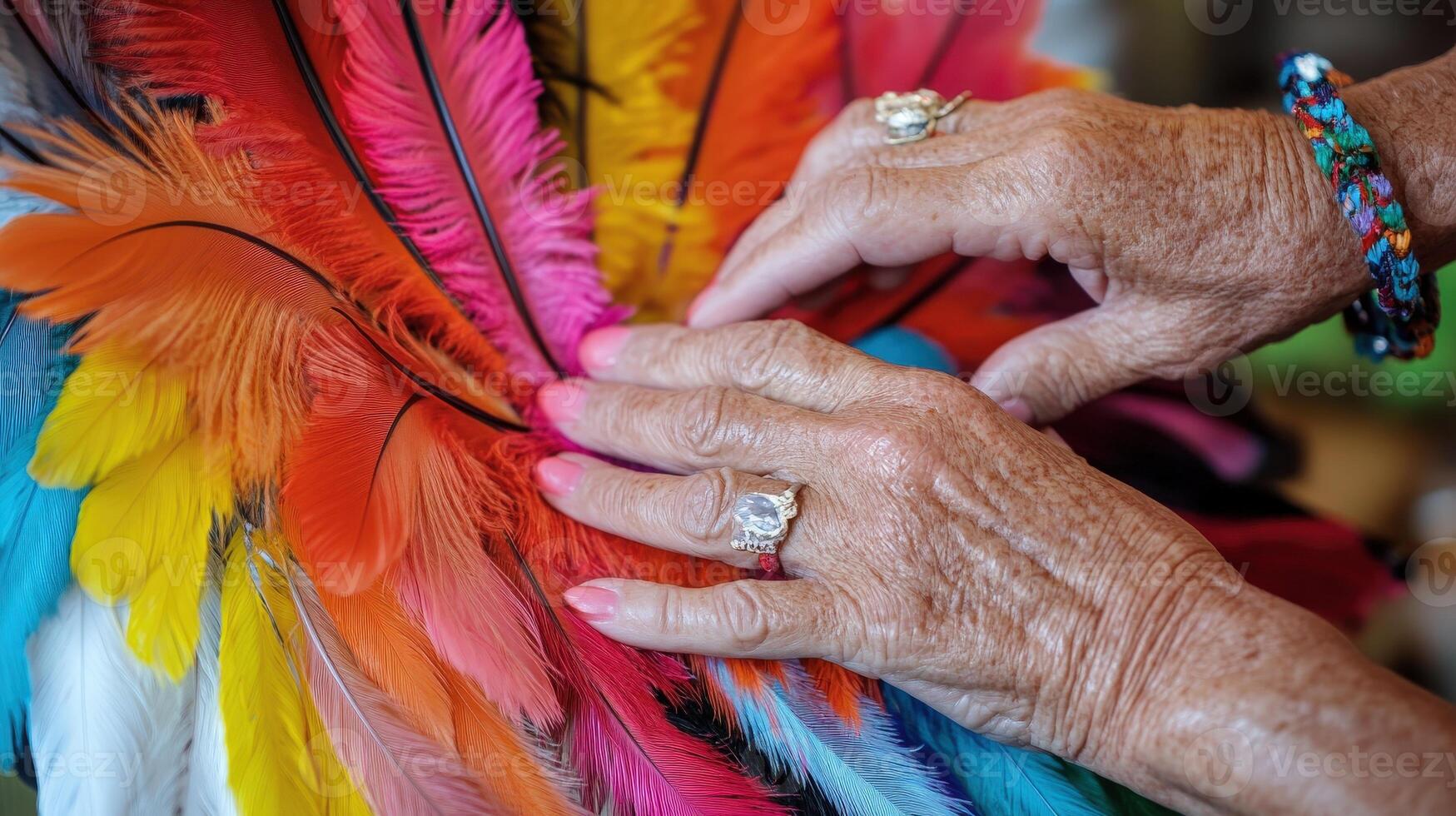 Hands carefully arranging vibrant colorful feathers. photo