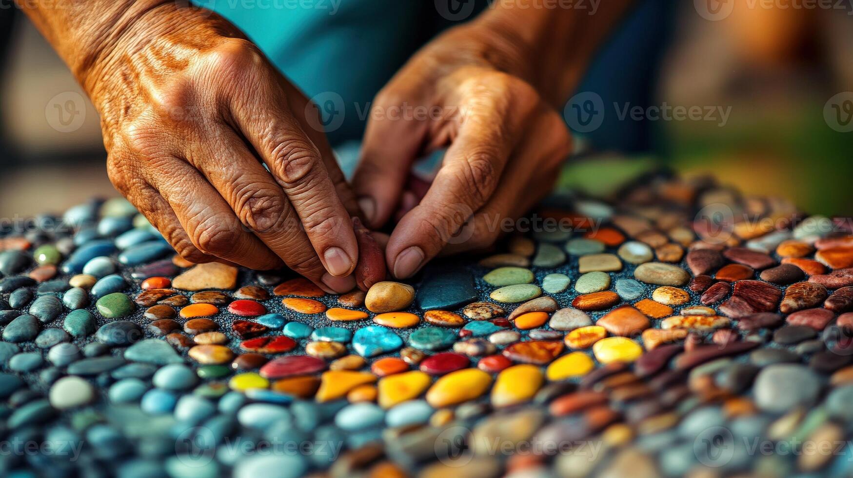 Aged hands carefully arrange colorful stone mosaic. photo