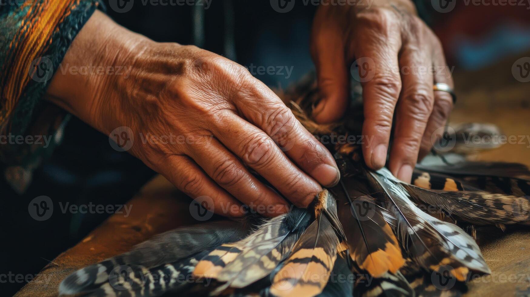 Close-up view of hands working with colorful feathers. photo