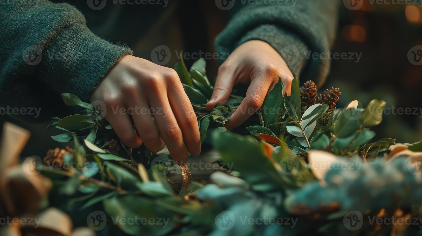 Closeup of hands creating a festive wreath. photo