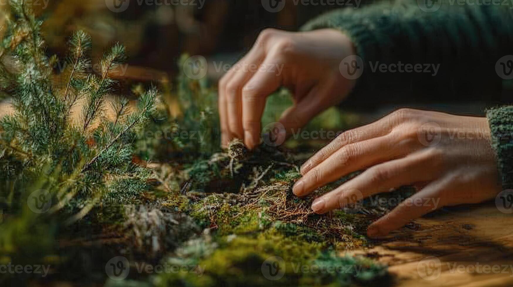 Close-up view of hands arranging a moss and greenery display. photo