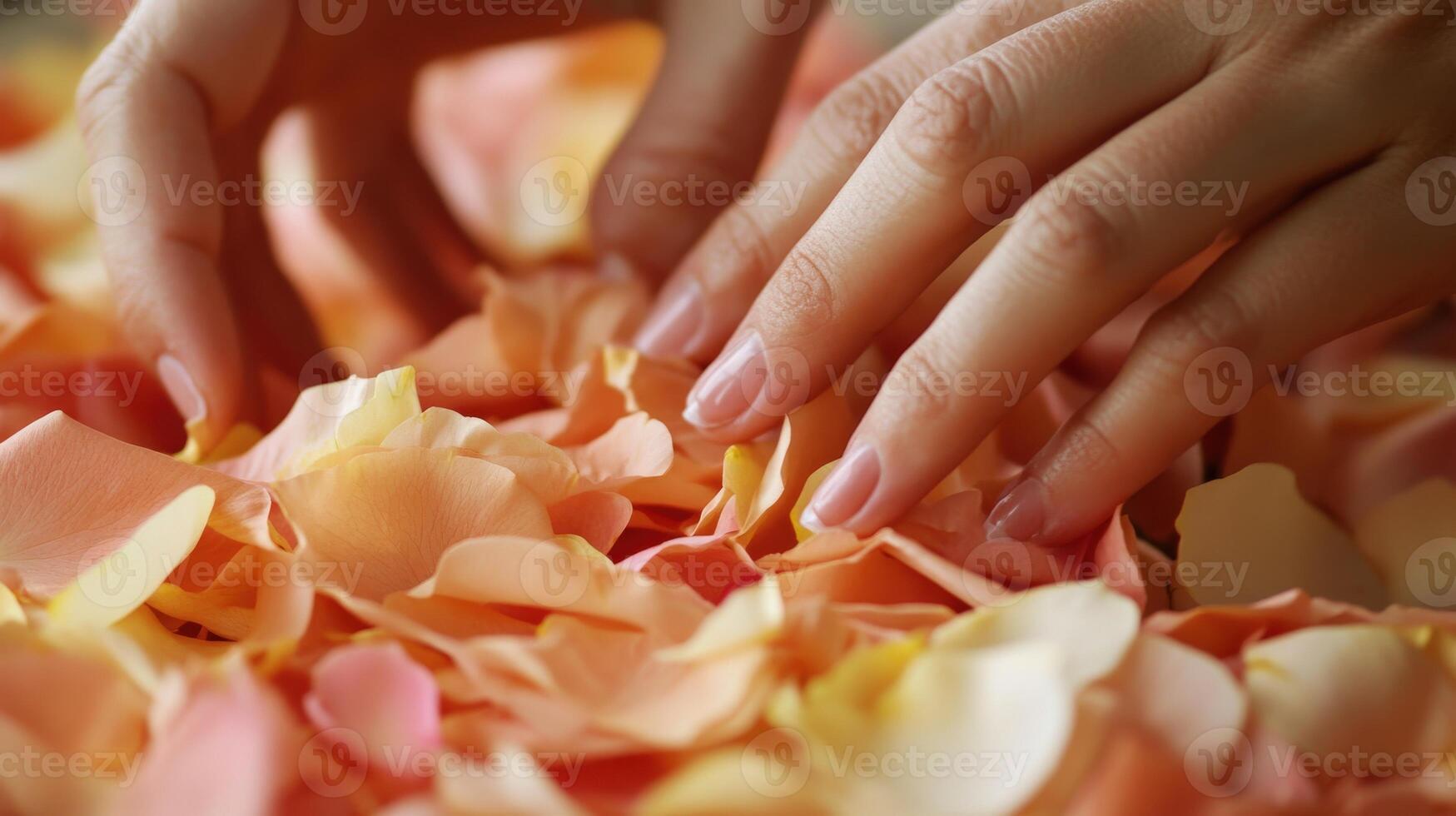 Delicate hands gently touch a multitude of rose petals. photo